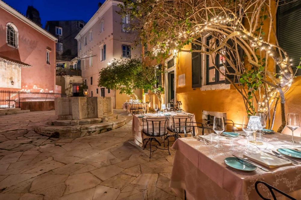 venetian well fine dining restaurant corfu old town exterior kremasti square church 38